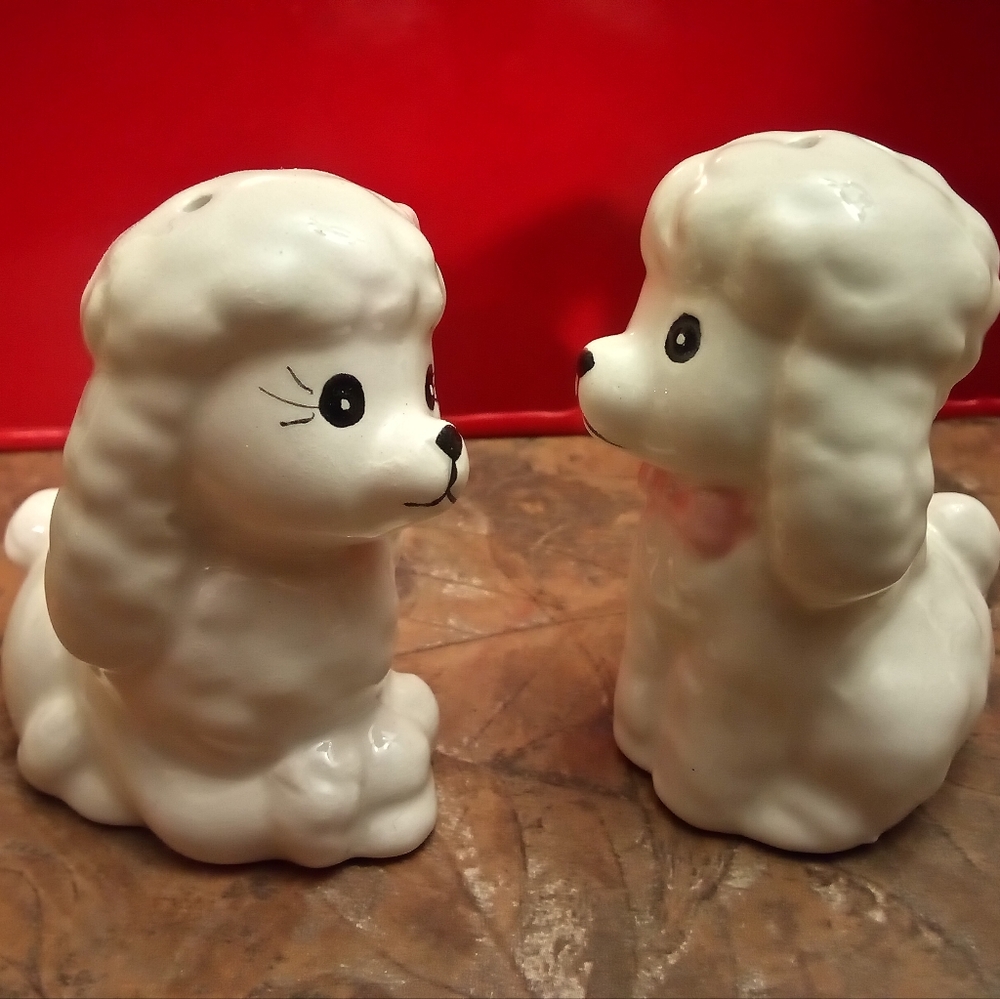 Vintage Ceramic Poodles with Pink Bows Salt & Pepper Shakers.